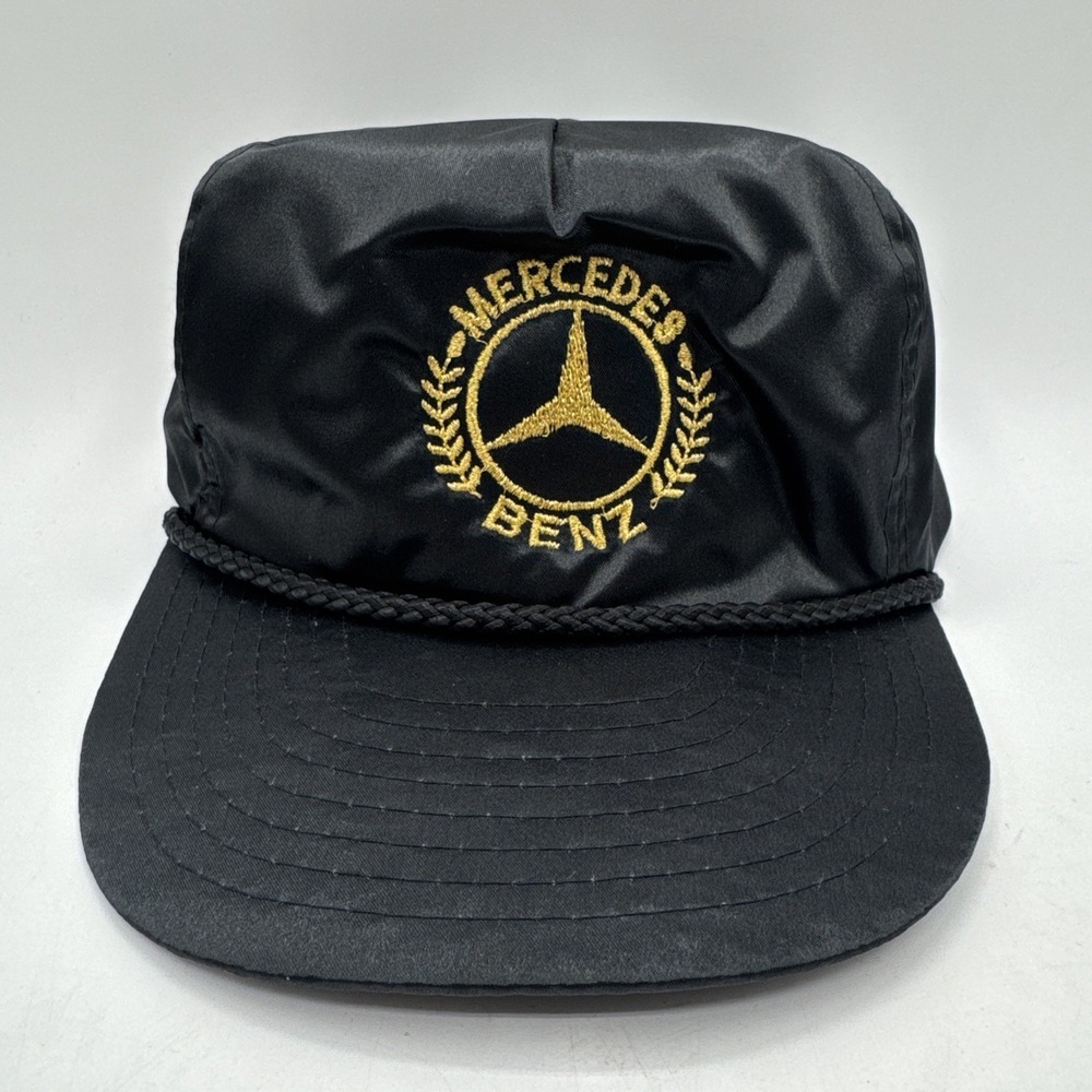 Vintage Nissin Mercedes Benz Embroidered Rope Hat Black Gold Adjustable 80s Auto